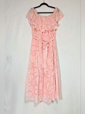 Pinup Fashion 16W Pink Floral Off Shoulder Ruffle Maxi Dress Belted